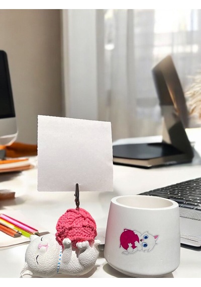 Tatlı Pembe Yumaklı Kawaii Sevimli Kedi Fotoğraf Tutucu Not Tutacak Kalemlik Ofis Seti Hediyelik Pembe