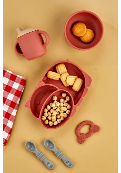 5'li Silikon Set / Bölmeli Mama Tabağı / Kase / Bardak / Diş Kaşıyıcı / Mama Kaşığı - Kiremit Rengi Kiremit