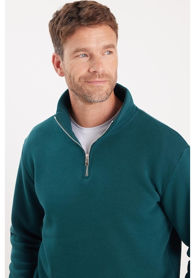 Tudors Unisex Relax Fit Rahat Kesim Pamuklu İçi Polarlı Yarım Fermuarlı Yeşil Dik Yaka Sweatshirt-35163 Yeşil