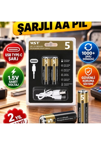 Usb Type-c Şarjlı Aa Lityum Pil 1.5v Sabit Voltaj 1000+ Şarj Döngüsü