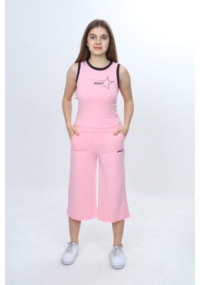Toontoy Kids Toontoy Kız Çocuk 2'li Takım Bisiklet Yaka Baskılı Atlet & Beli Lastikli Bol Paça Baskılı Kapri 24997 Pembe