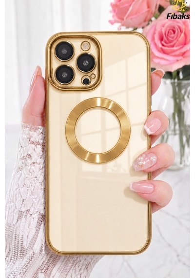 Fibaks iPhone 14 Pro Max Uyumlu Kılıf Kamera Lens Korumalı Şeffaf Renkli Logo Gösteren Parlak Kapak Gold