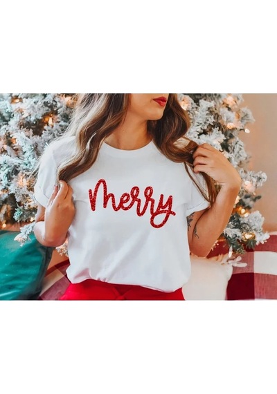 Defymoda Yılbaşı Merry Christmas Baskılı Kısa Kollu Oversize Bisiklet Yaka T-shirt - Beyaz