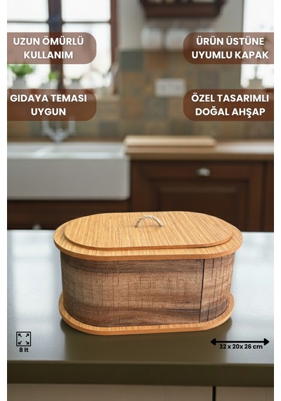 Geleneksel Tasarım Kapaklı Büyük Ekmeklik Oval Ahşap Ekmek Sepeti Kemençe Desenli Çok Renkli
