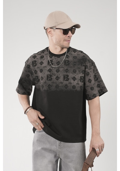 King-Brich Oversize Kalıp Logo Baskılı Bisiklet Yaka Basic Tişört Siyah