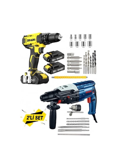 Dragro DRG-krc4258 Sarı Eko 2 Li Set 4200 W Kırıcı Delici Hilti 58 V Setli Şarjlı Matkap