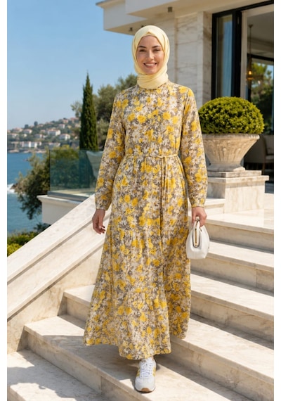 Hb Harma Time Butik Kadın Düğmeli Desenli Modal Sarı Elbise Vizon