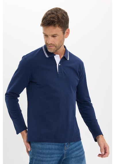 Tudors Erkek Slim Fit Dar Kesim %100 Pamuk Uzun Kollu Lacivert Polo Yaka Tişört-52783