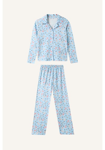 Defacto Ayıcık Desenli Düğmeli 2li Pijama Takımı Kız Çocuk I6088a826wnbe773 Mavi-be773