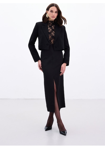 Sateen Yırtmaçlı Midi Etek - Siyah-136986 Siyah