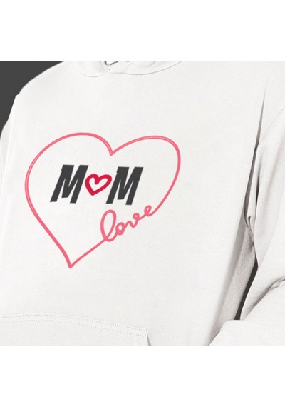 Anneler Günü Love Mom Baskılı Cepli, Kapşonlu Beyaz Unisex Swe