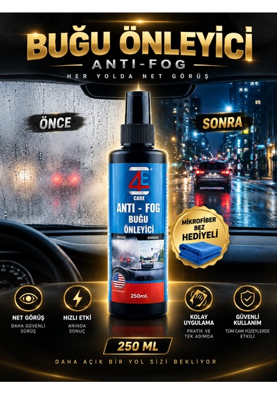 4e Care Buğu Önleyici 250 Ml + Bez Uzun Süre Etki Araç Camları, Ev Ve Ofis Camları, Banyo Aynaları Ve Kask