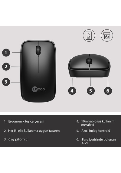 Lecoo WS208 Kablosuz 1200 DPI 3 Tuşlu Sessiz USB Mini Alıcılı Optik Mouse