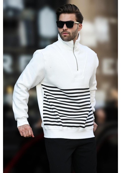 Madmext Ekru Fermuar Yakalı Çizgili Sweatshirt 7056-ekru Ekru