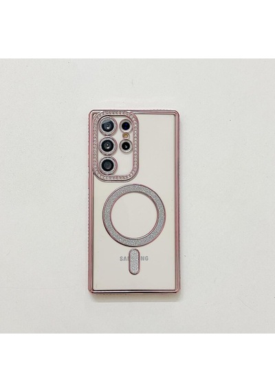 Samsung Galaxy S25 İçin Magsafe İle Uyumlu Kılıf Simli Kamera Kenar Taşlı Kapak Rose Gold