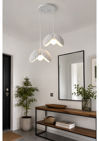 Lotus Çiçek Tasarım 2'li Sarkıt Avize - Modern Tasarım Gece Lambası İç Dış Ortama Uygun - 25 Cm - Beyaz