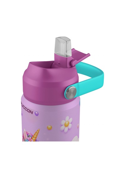 Puccon 540 Ml Sevimli Unicorn Baskılı Pembe - Mor Kız Çocuk Pipetli Çelik Termos Matara/suluk - 60048