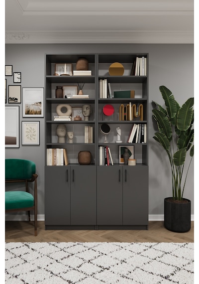 Asra Trend K-46 %100 MDF 120 cm 2 Modüllü Kapaklı Kitaplık Raflı Kütüphane Koyu Gri
