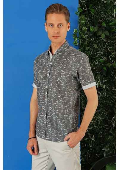 Efor Slim Fit Düğmeli Yaka Desenli Kısa Kol Pamuk Füme Gömlek G 1499 Füme