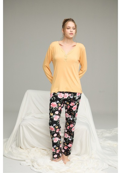 Siyah İnci Örme Pamuklu Pijama Takım25240202 sari