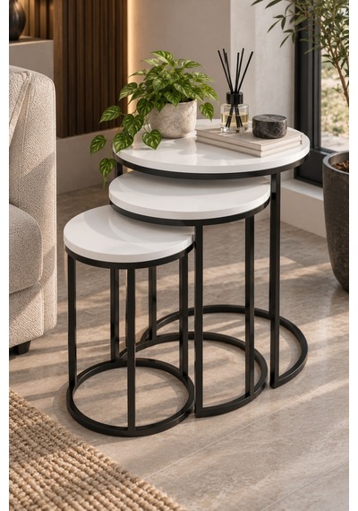 Sulorahome 3'lü Beyaz Zigon Sehpa Seti Siyah Metal Ayaklı