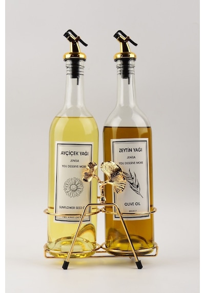 Altın Standlı Ginkgo Figürlü 750ml Şeffaf Şişe Altın Akıtıcılı Et