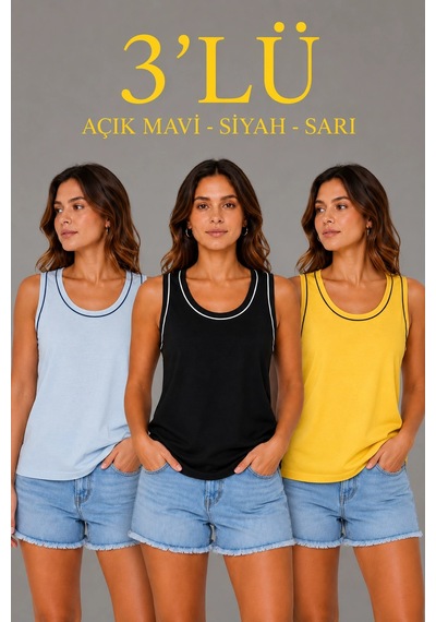 Novalisse Kadın 3 Lü Kolsuz Sporcu Atlet Seti Yazlık Bisiklet Yakalı - Sarı, Siyah, Bebe Mavisi Çoklu Renk