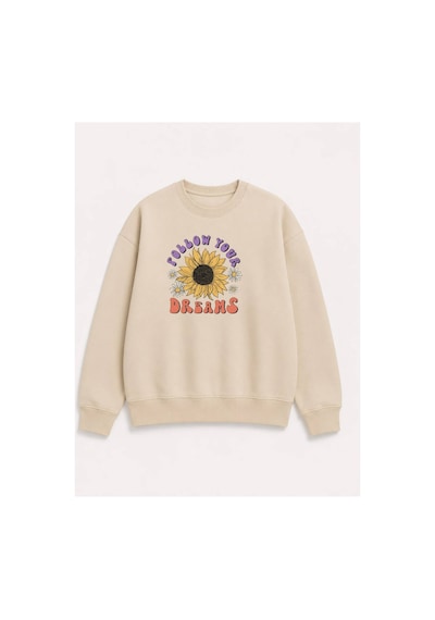 Herkesemoda Ayçiçek Baskılı 2 İplik Şardonlu Bisiklet Yaka Sweatshirt Bej