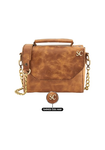 İsme Özel Çıtçıtlı Zincirli Küçük Boy El Omuz Çantası - %100 Deri - Ac03001 - Camel Camel