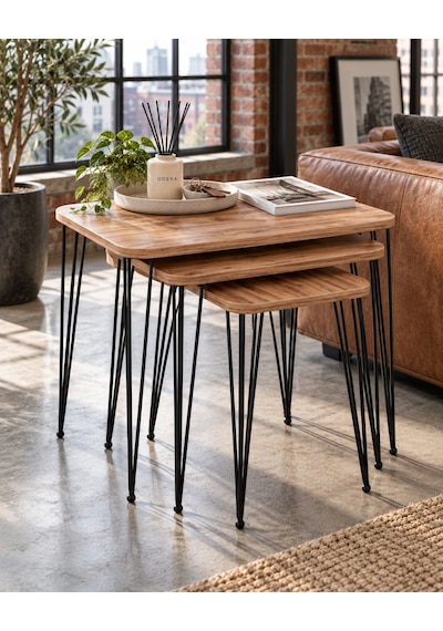Odera Ceviz Tel Zigon Sehpa 3'lü Set Metal Ayaklı Modern Retro Salon Sehpası Diğer