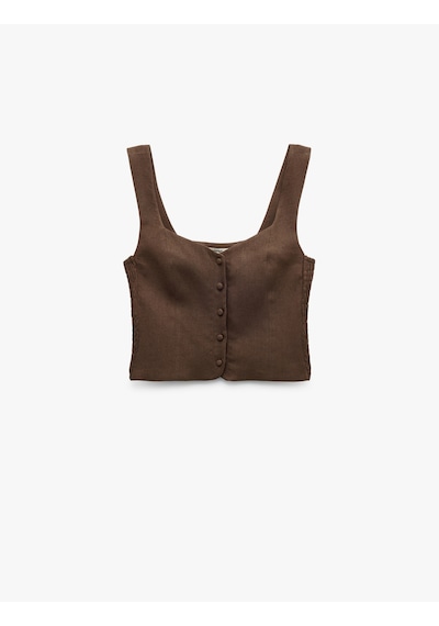 Koton Astarlı Düğmeli Askılı Keten Crop Bluz Kahverengi 5sak30104pw Kahve