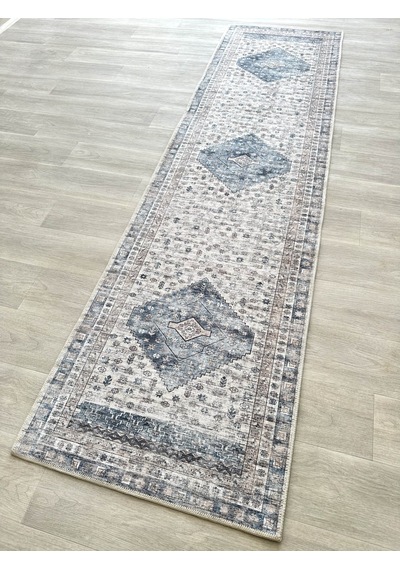 Eskitme Geometrik Madalyon Desenli Lacivert Ve Krem Etnik Halı - Ar859nc Krem - Lacivert