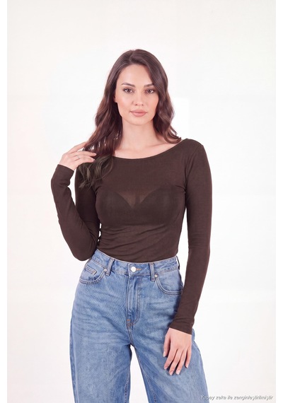 Lela Kayık Yaka Transparan Triko Bluz Kadın Bluz 5866879 Kahve