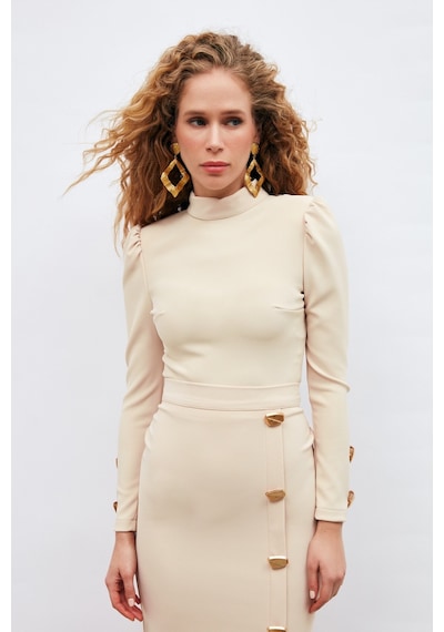 Sateen Düğme Detaylı Crop Bluz - Bej