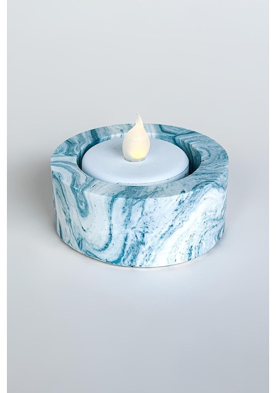 El Yapımı Mermer Desenli Mavi Beton Tealight Mumluk Minimal Dekoratif Şamdan 3 Adet Mavi