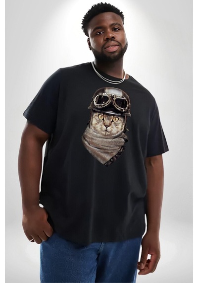 Angemiel Kasket Bandana Motorcu Kedi Siyah Büyük Beden Erkek Kadın Unisex Basic Ön Baskılı Tişört Siyah