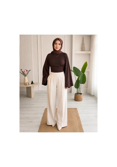 Unika Boutique Kadın Geniş Kol Belden Oturtmalı Bluz Kahverengi