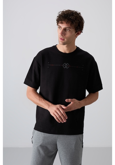 Tommy Life Siyah Pamuklu Kalın Yumuşak Dokulu Oversize Fit Baskılı Erkek T-shirt - 88323 Siyah