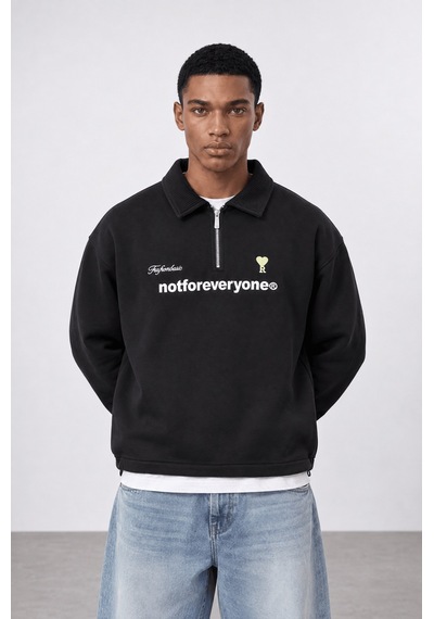 Respire Erkek Not For Everyone Nakışlı Polo Yaka Oversize Sweatshirt Siyah
