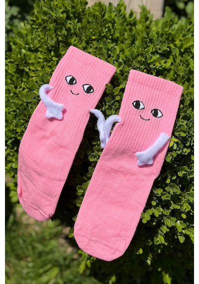 Lousocks Unisex Pembe Elele Tutuşan - Halay Çeken Çorap 1 Çift - Sevimli Yüz İfadeli Soket Çorap