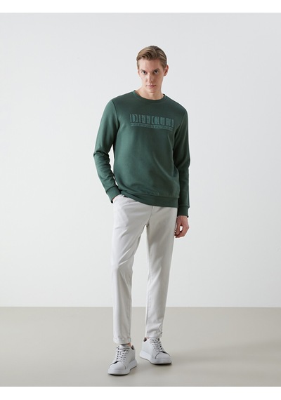 Lcwaıkıkı Classic Yeşil Bisiklet Yaka Baskılı Erkek Kalın Sweatshirt