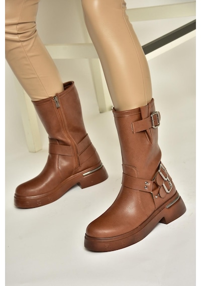 Fox Shoes T996333009 Taba Kalın Tabanlı Kadın Bot Taba-Suni Deri Taba