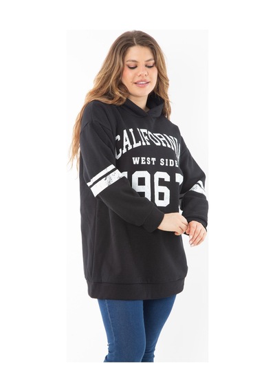Şans Kadın Büyük Beden Haki İçi Şardonlu Üç İplik Kapşonlu Sweatshirt 65n37290-siyah Siyah