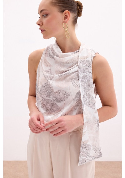 Sateen Fularlı Desenli Bluz - Vizon-136080 Vizon