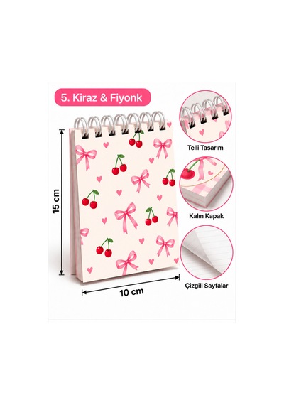 Kiraz & Fiyonk Modeli-15 10 Cm Spiralli Bloknot 40 Yaprak - 80 Sayfa Çok Renkli