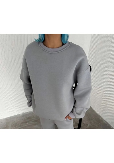 Mbb E-ticaret Kadın Bisiklet Yaka 3 İplik Pamuklu Basic Sweatshirt - Gri