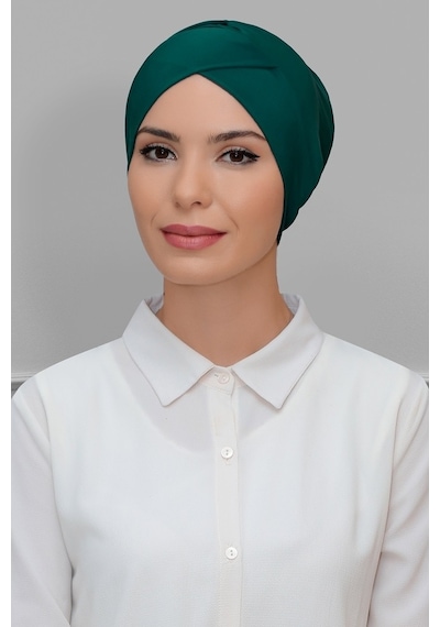 Hürrem Bone Zümrüt Pratik Hazır Geçmeli Tesettür Bone Sandy Kumaş Çapraz Büzg Zümrüt
