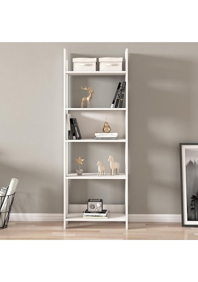 Country Dekoratif 5 Raflı Ev-ofis Kitaplık, Modern Kütüphane - Beyaz
