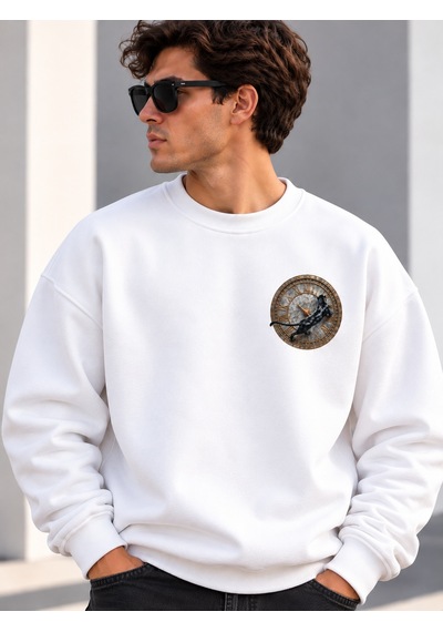 Gıovera Panther Signature Premium Oversize Erkek Sweatshirt %100 Pamuk Beyaz