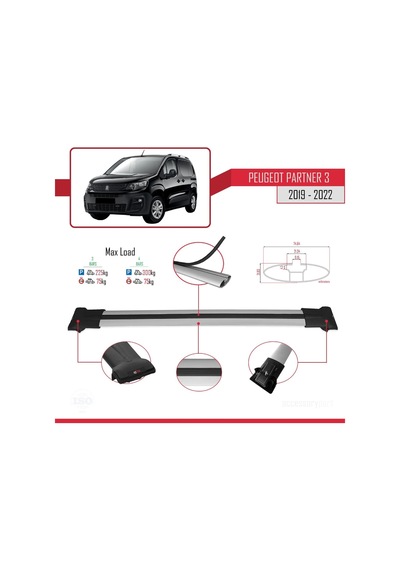 Peugeot Partner 2019-2022 Arası İle Uyumlu Fly Model Ara Atkı Tavan Barı Gri 3 Adet Bar